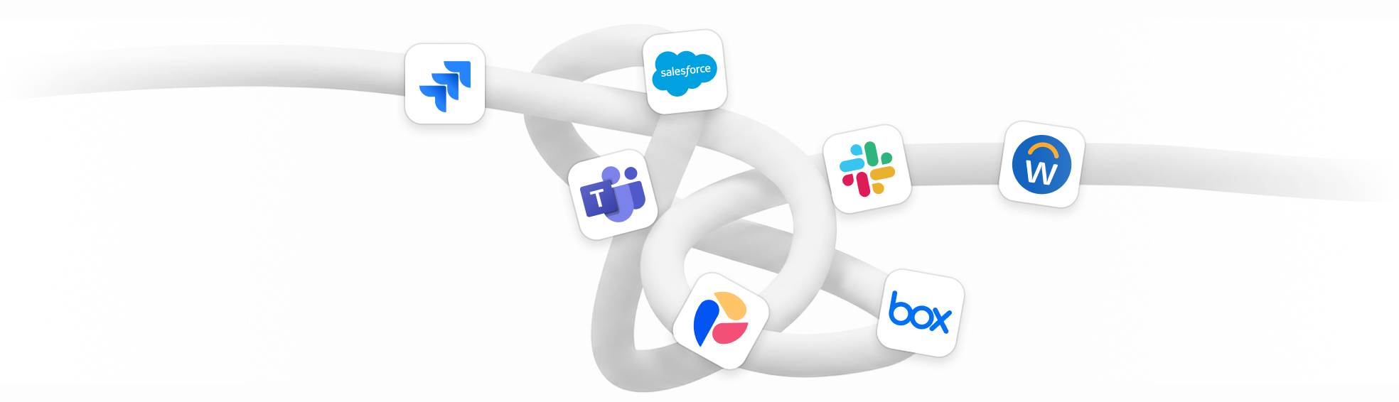 Gray rope tied in a complex knot with floating logos of Jira, Salesforce, Microsoft Teams, Slack, Workday, Gmail, and Box around it.