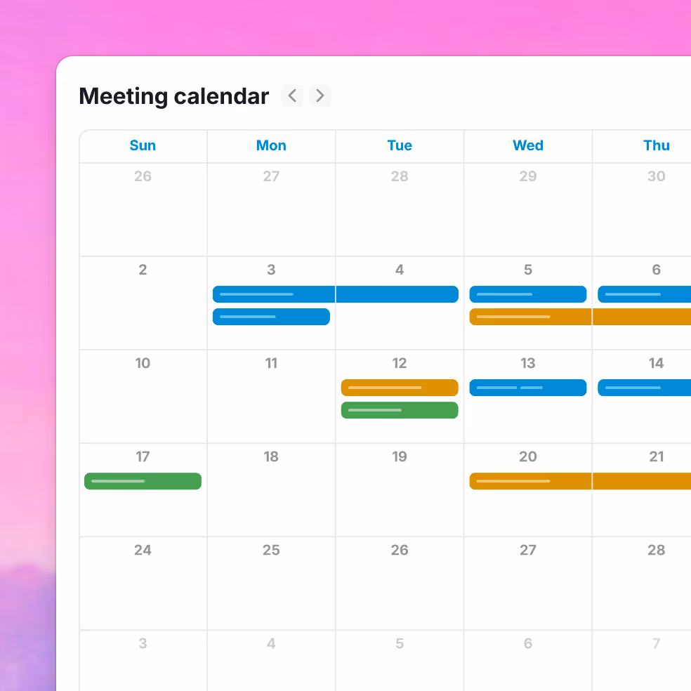 Meeting calendar showing scheduled events or meetings in blue, yellow, and green bars on various dates from Sunday to Thursday.