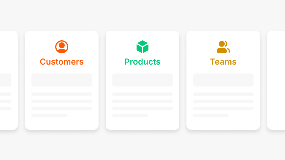 Three white cards labeled Customers with an orange user icon, Products with a green cube icon, and Teams with an orange group icon.