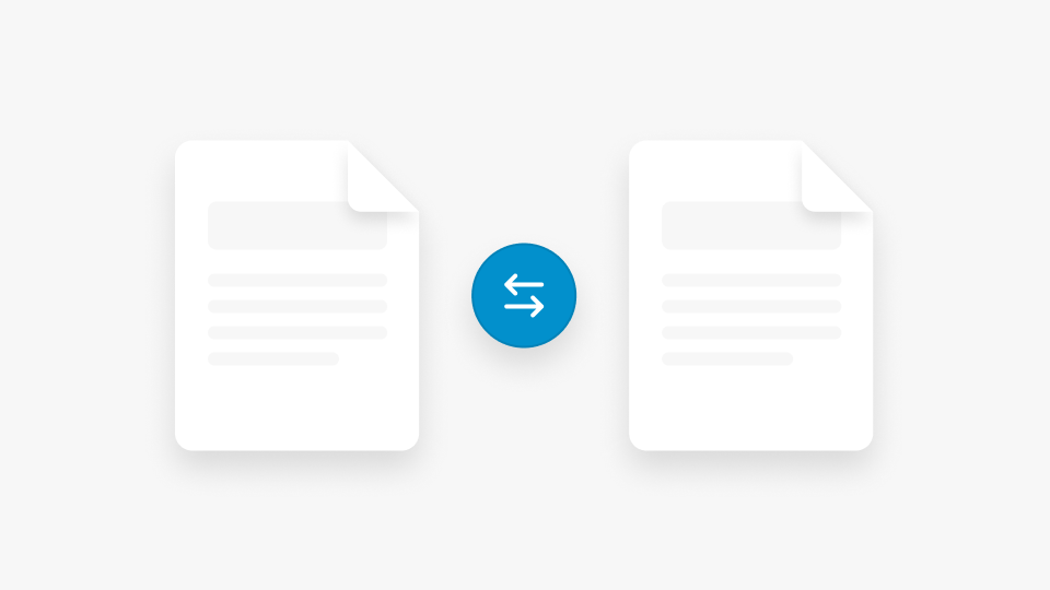 Two white document icons with a blue circle containing bidirectional arrows between them.