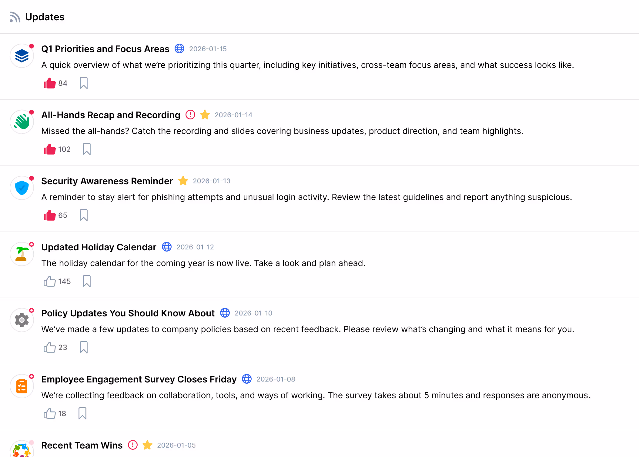 A feed list titled My Feed showing various company updates and announcements with icons, titles, dates, descriptions, and like counts.