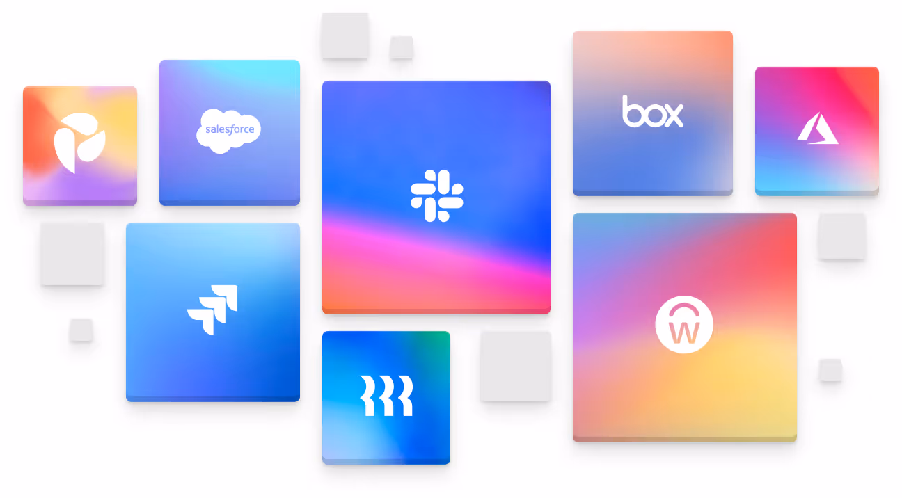 Gray rope tied in a complex knot with floating logos of Jira, Salesforce, Microsoft Teams, Slack, Workday, Gmail, and Box around it.