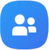 Icon showing two white user silhouettes on a blue rounded square background representing a group or contacts.