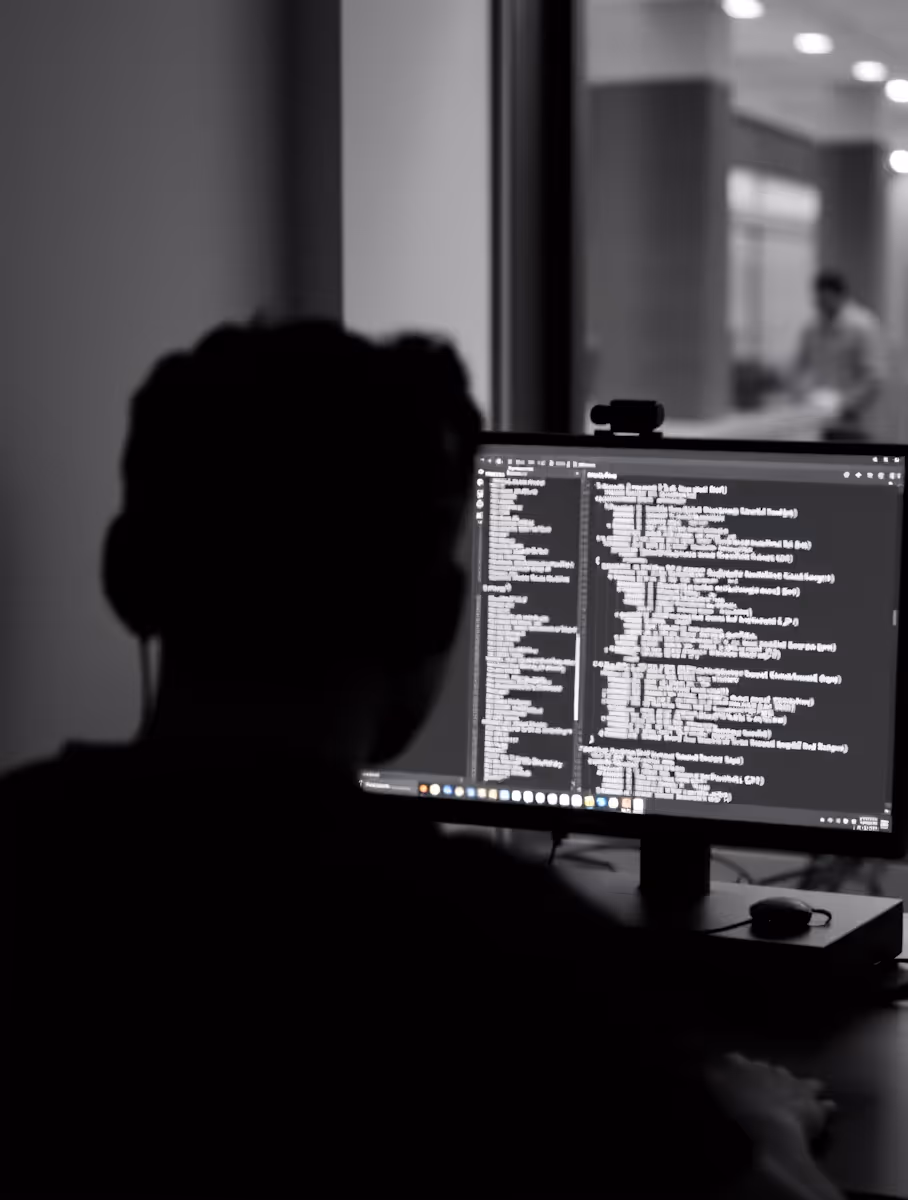 Silhouette of a person coding on a desktop computer in a dimly lit room.