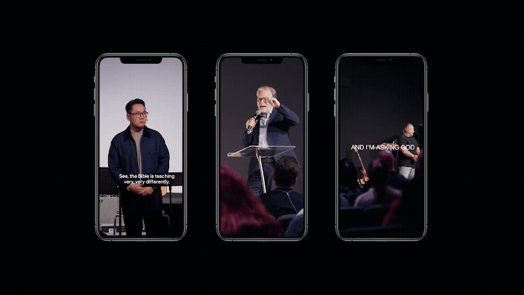 Animated sequence showing three phones displaying different speakers giving sermons or talks with religious subtitles.