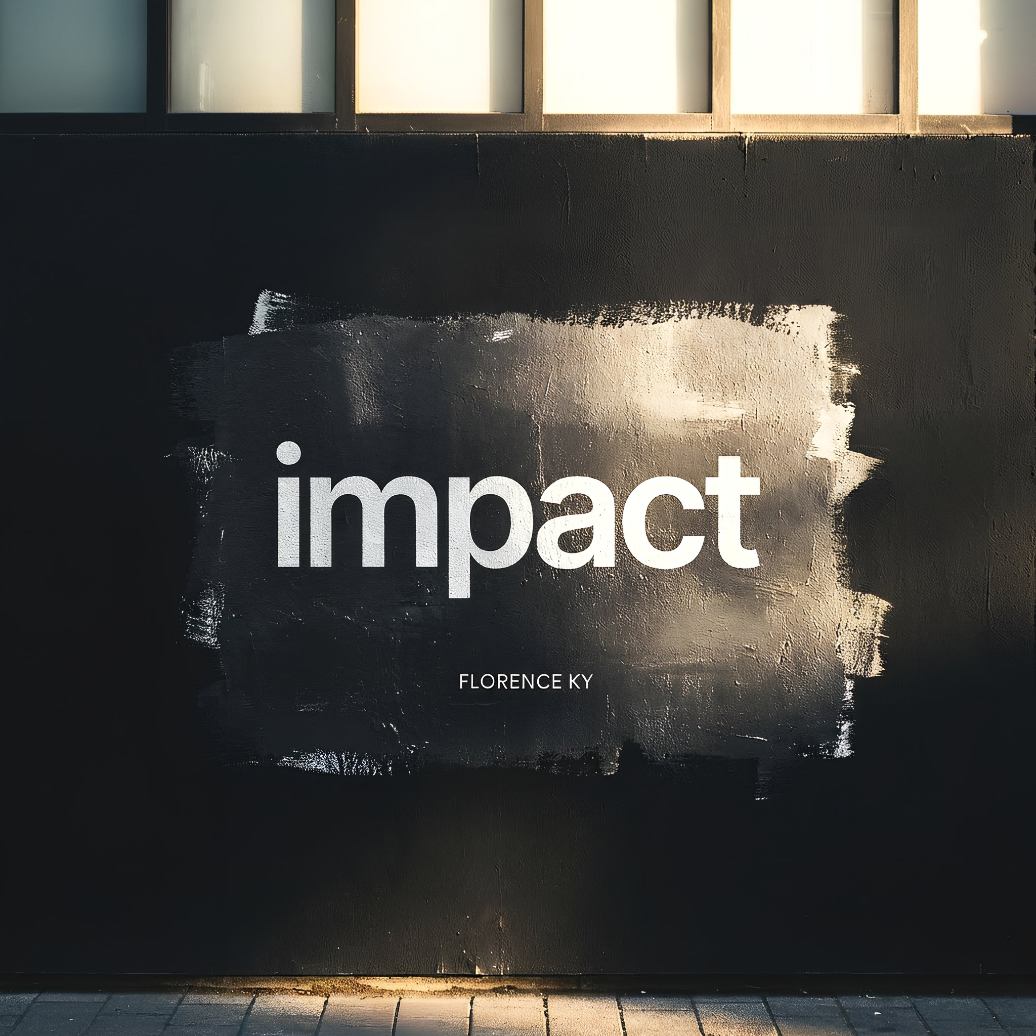 Word 'impact' painted in white on a dark wall with a rough square background, illuminated by sunlight.