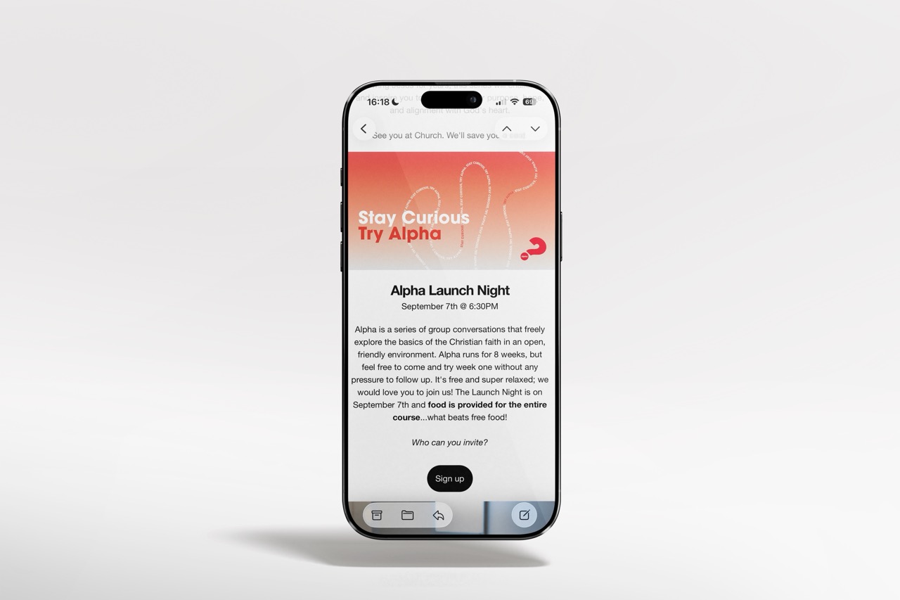 Smartphone displaying an email about Alpha Launch Night on September 7th at 6:30 PM with details about group conversations on Christian faith and a sign-up button.