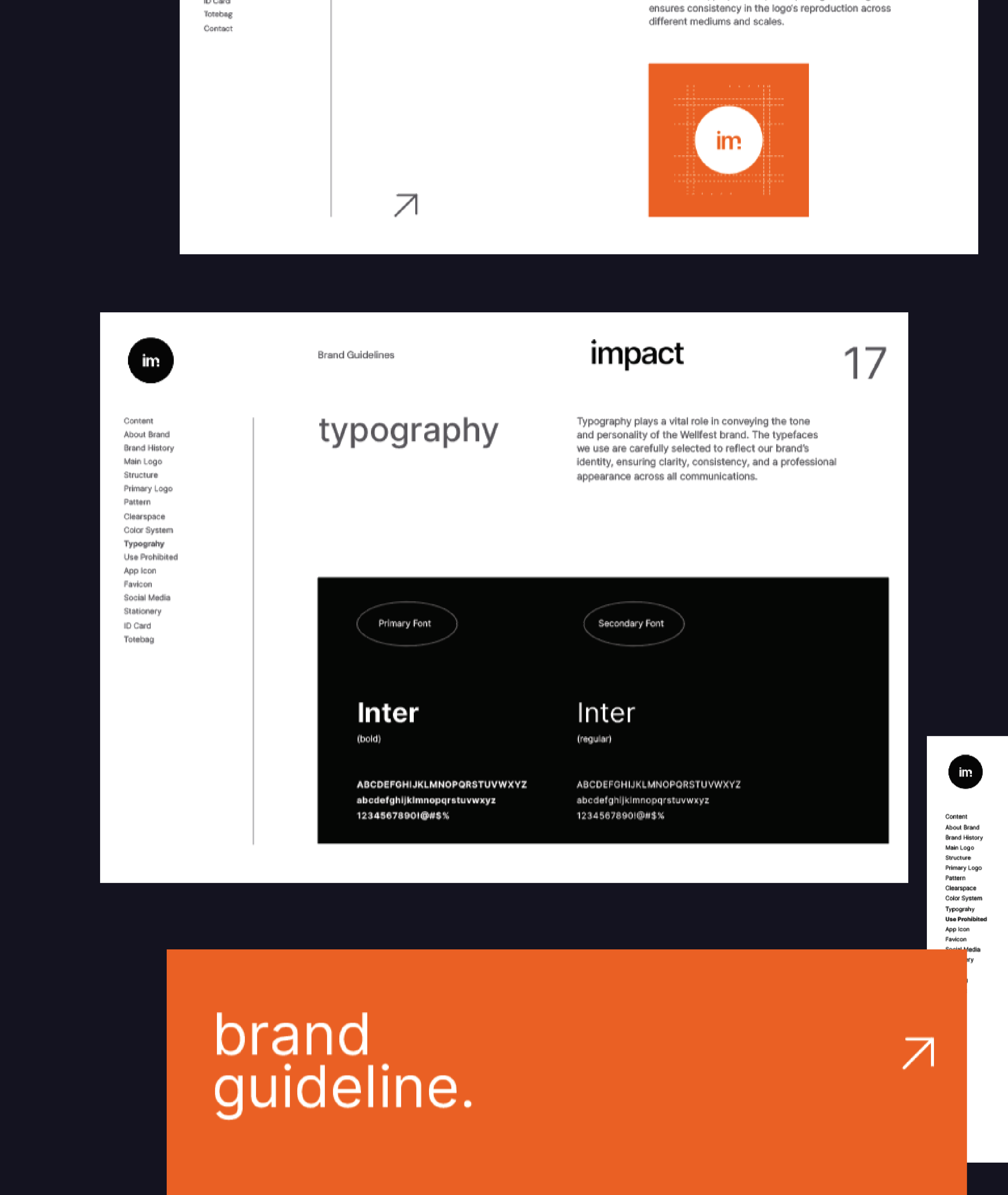 Brand guidelines page detailing typography with primary and secondary fonts, both using Inter typeface in bold and regular styles.