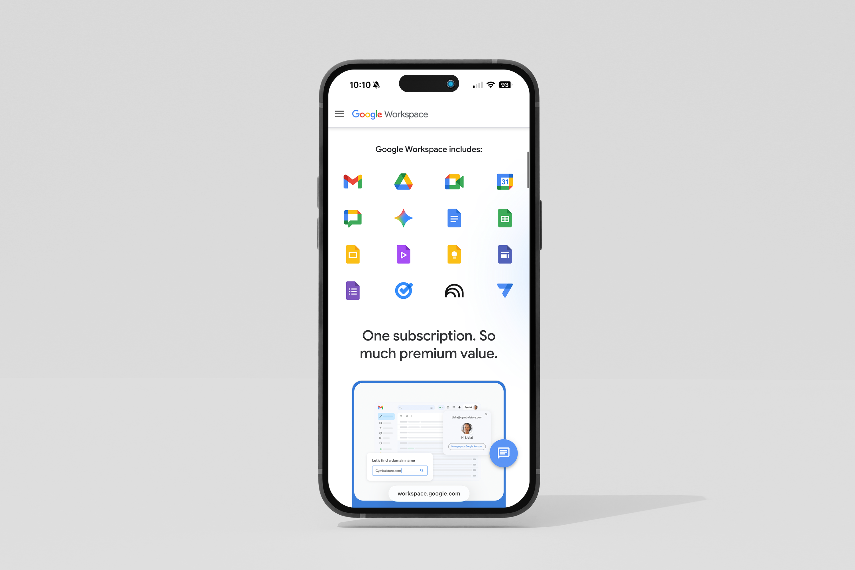 Smartphone screen displaying Google Workspace app icons and text 'One subscription. So much premium value.'