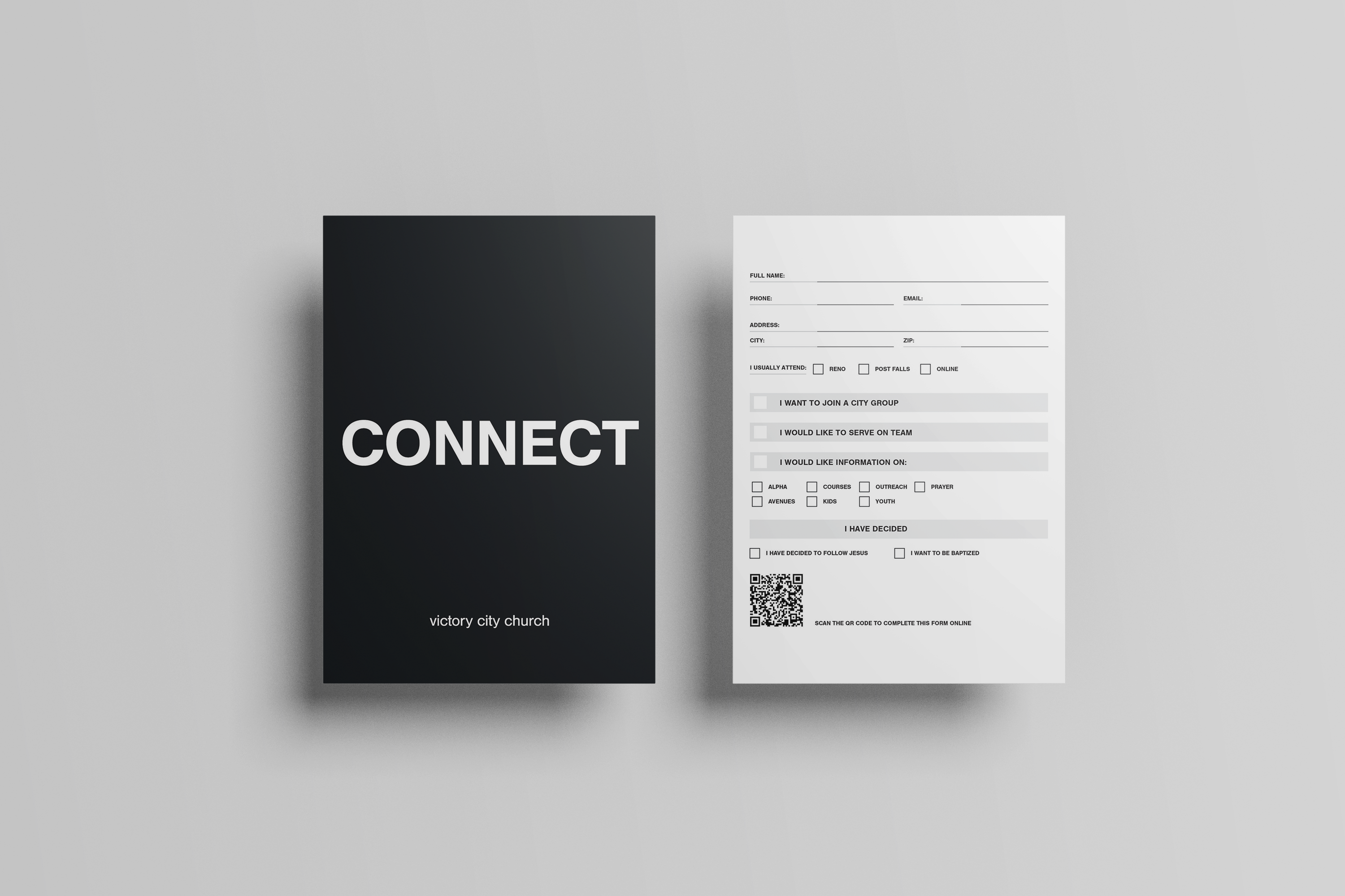 Two church connect cards side by side; left card is black with white text reading CONNECT and victory city church, right card is a white form with fields for name, phone, email, address, attendance options, interests, decisions, and a QR code to complete the form online.