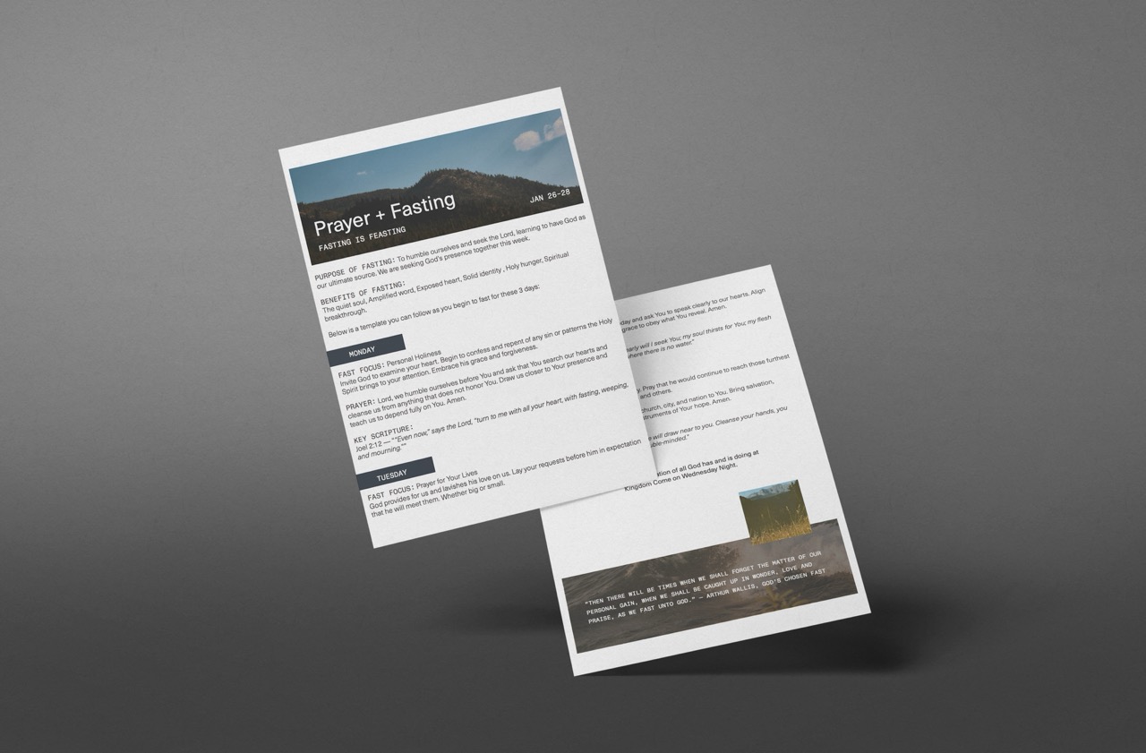 Two printed pages about prayer and fasting with text and images of a mountain and nature.