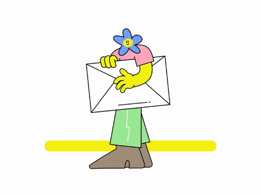 Animated cartoon character with a blue flower head holding a large envelope, walking with a yellow bar behind them.