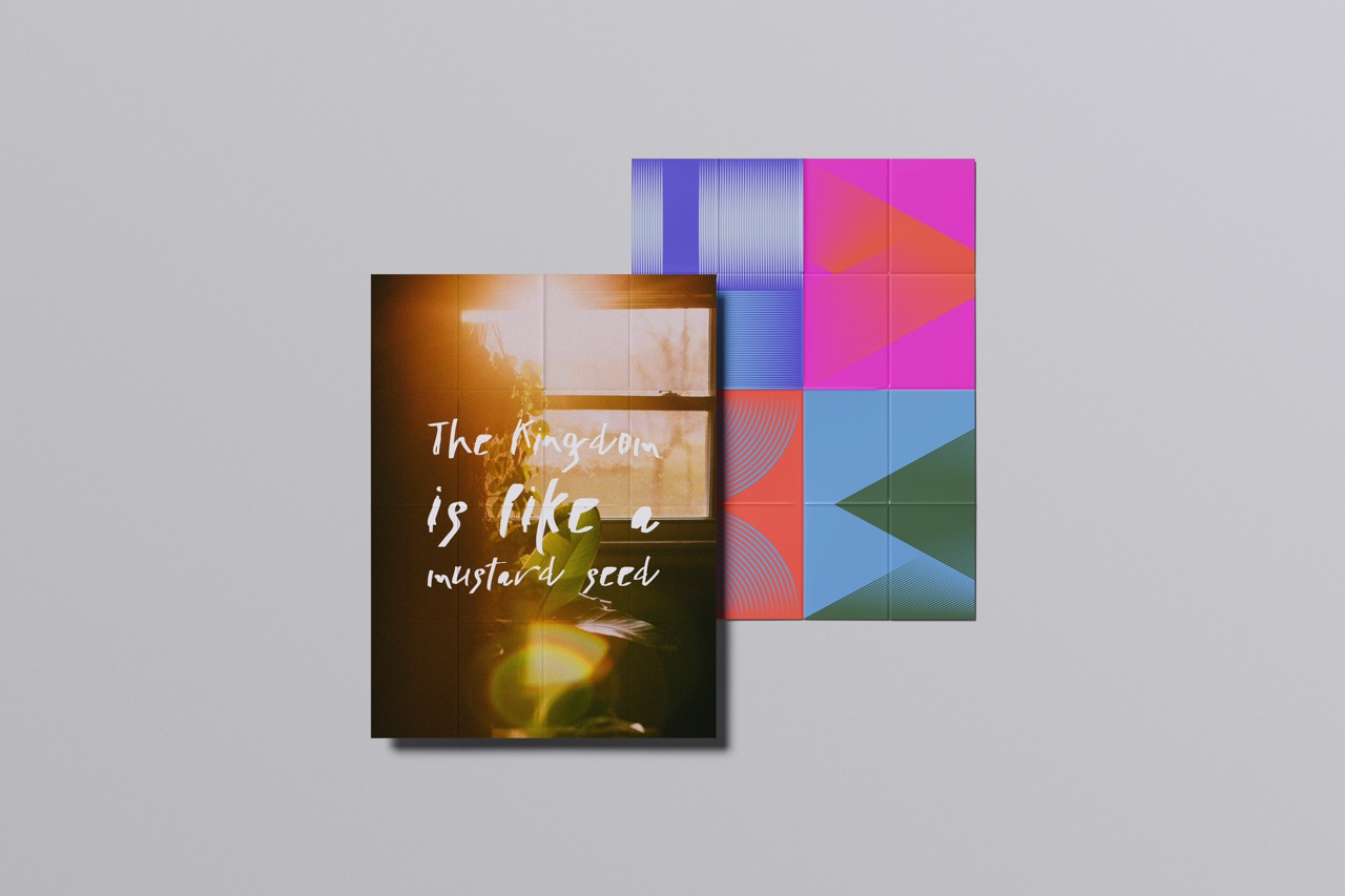 Two overlapping posters on a gray background, the front one with sunlight through a window and text ‘The kingdom is like a mustard seed,’ the back one with colorful geometric shapes.