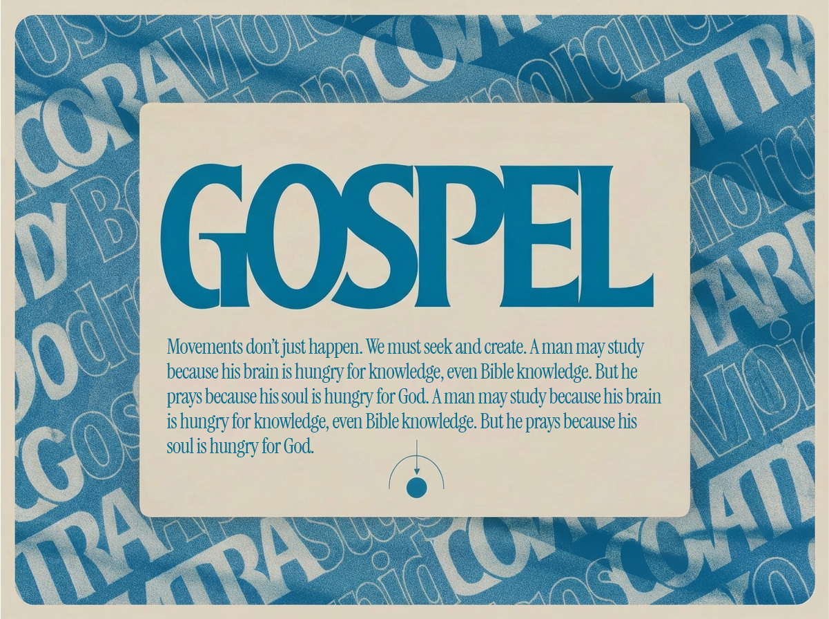Blue and beige text block with the word 'GOSPEL' in large letters and a quote about seeking knowledge and praying for God.
