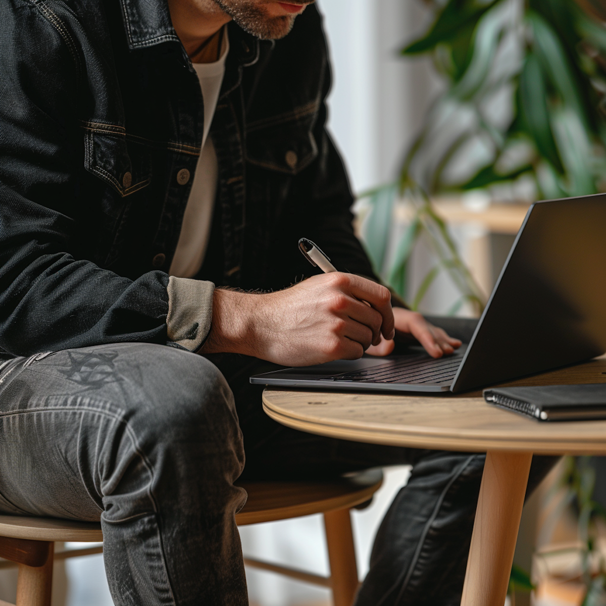 Man in black denim jacket and gray jeans sitting at a round wooden table writing with a pen on a laptop keyboard.