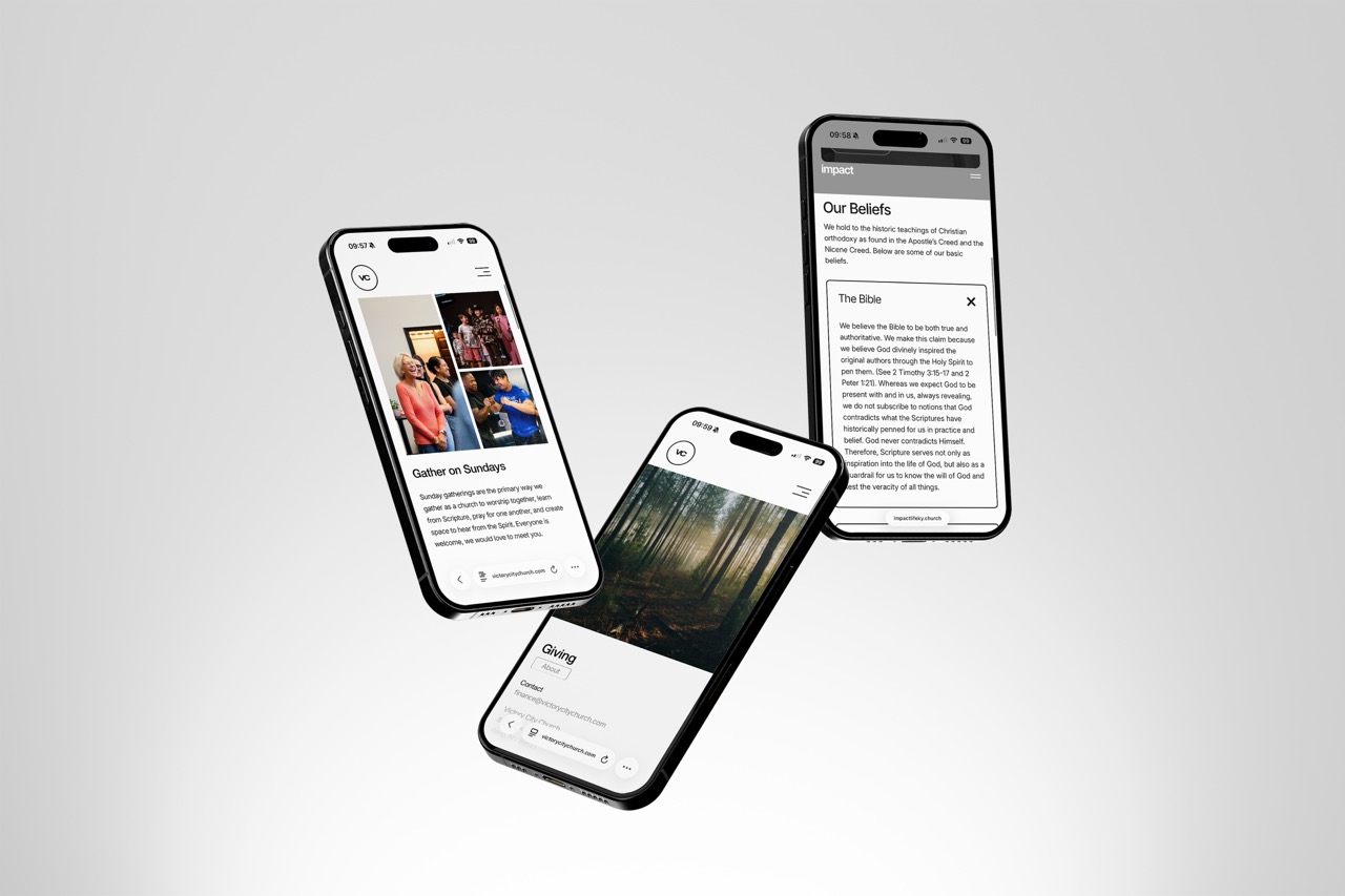 Three smartphones floating on a gray background, each displaying different screens of a church website about gatherings, beliefs, and giving.