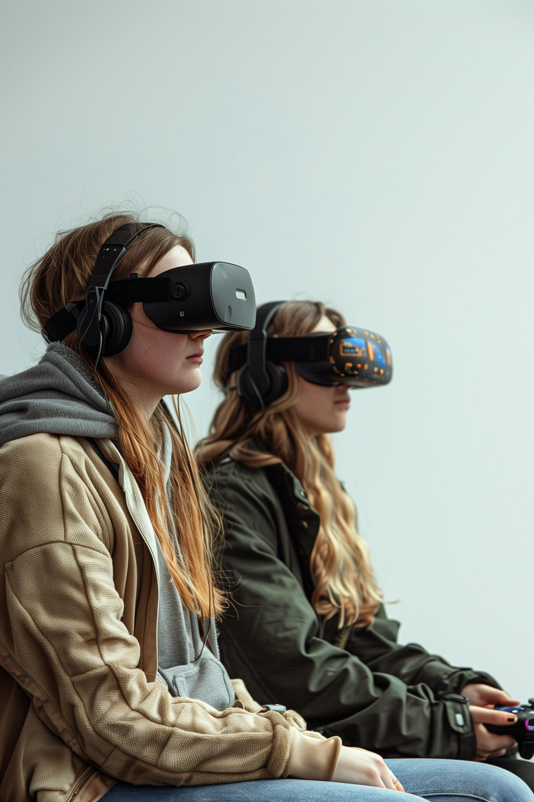 Two young women wearing virtual reality headsets and headphones, sitting side by side and holding game controllers, facing right against a plain background.