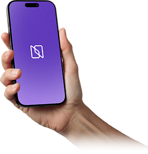 Hand holding a smartphone with a purple screen showing a Nave Bank.