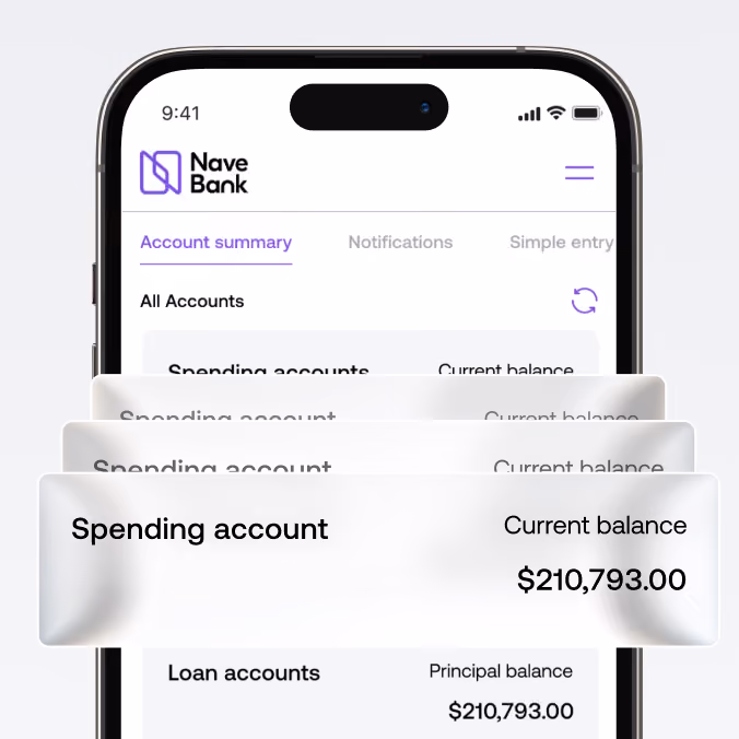 Mobile screen showing Nave Bank app with spending account balance