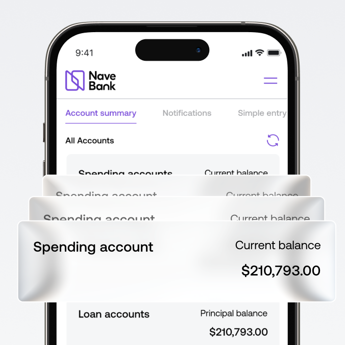 Mobile screen showing Nave Bank app with spending account balance
