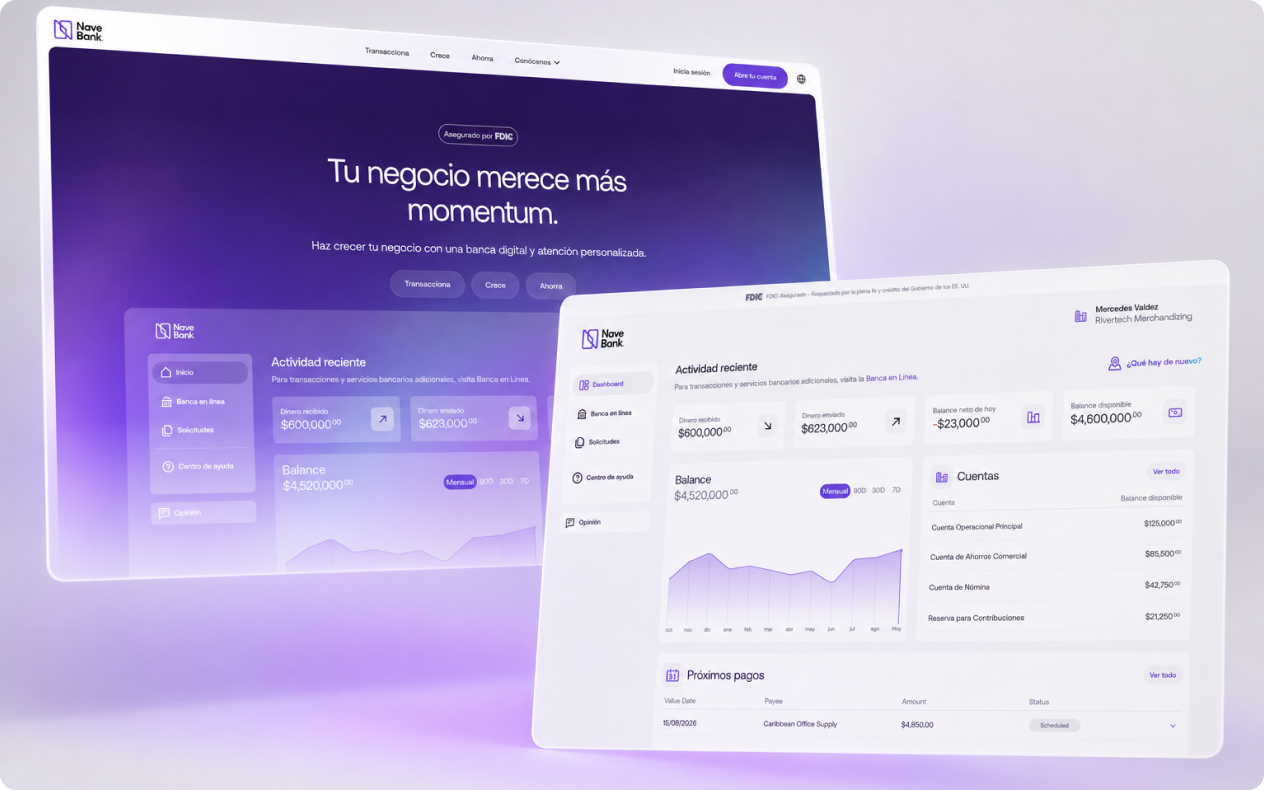 Nueva experiencia de banca digital de Nave Bank con resumen financiero y opciones de transacción.