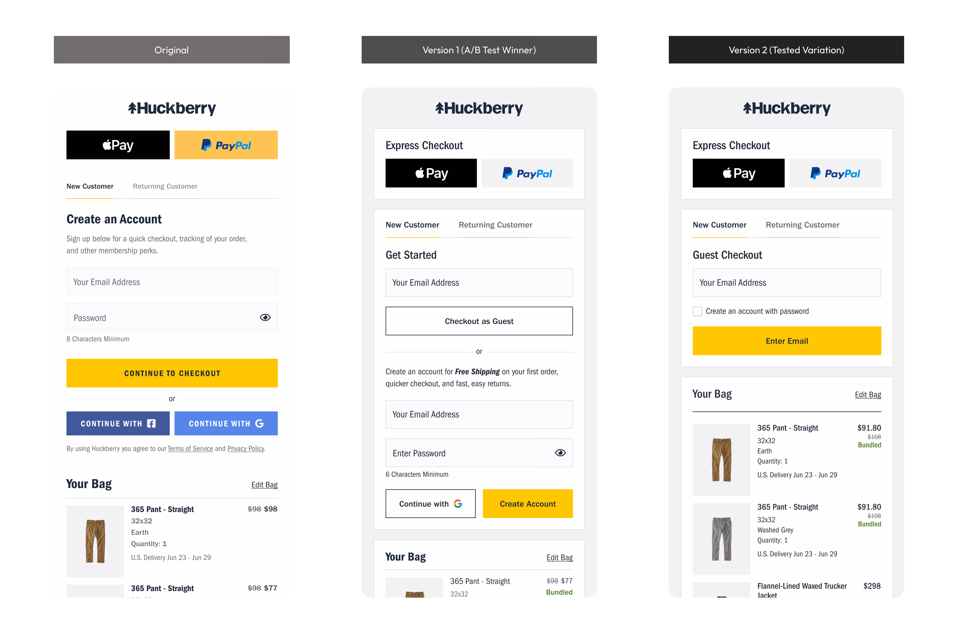 Three mobile mockup designs showing original, v1, and v2 test variations