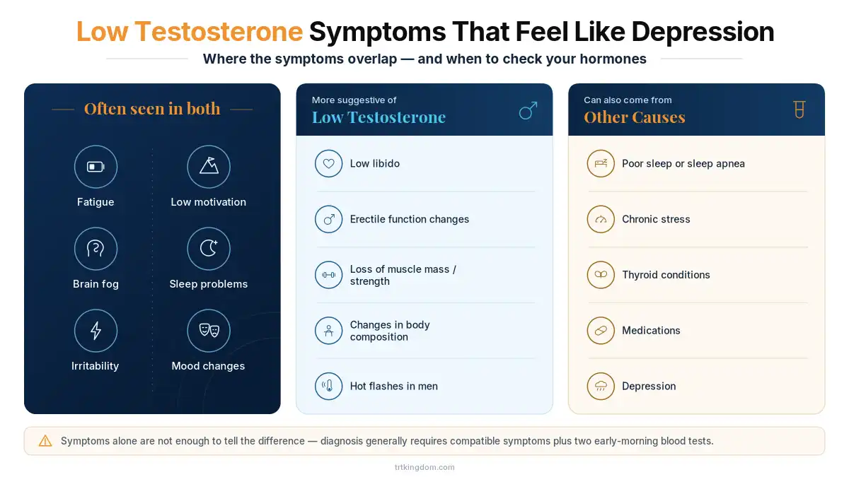 Comparison chart showing symptoms common to both low testosterone and depression, symptoms more suggestive of low testosterone, and other conditions that can cause the same symptoms.