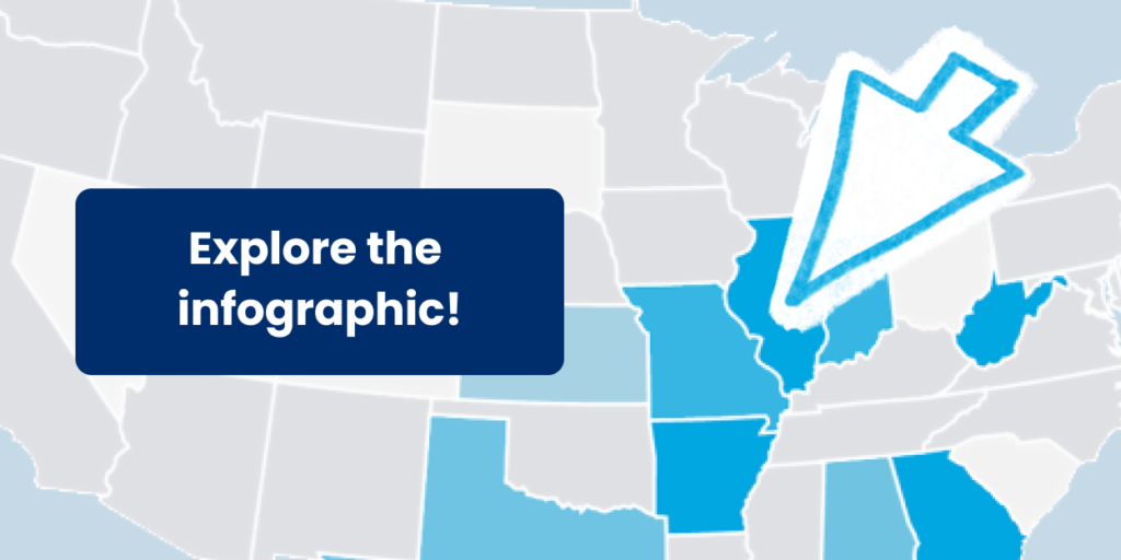 An arrow points to a state on a map of the United States. A button over part of the map says "Explore the infographic!"