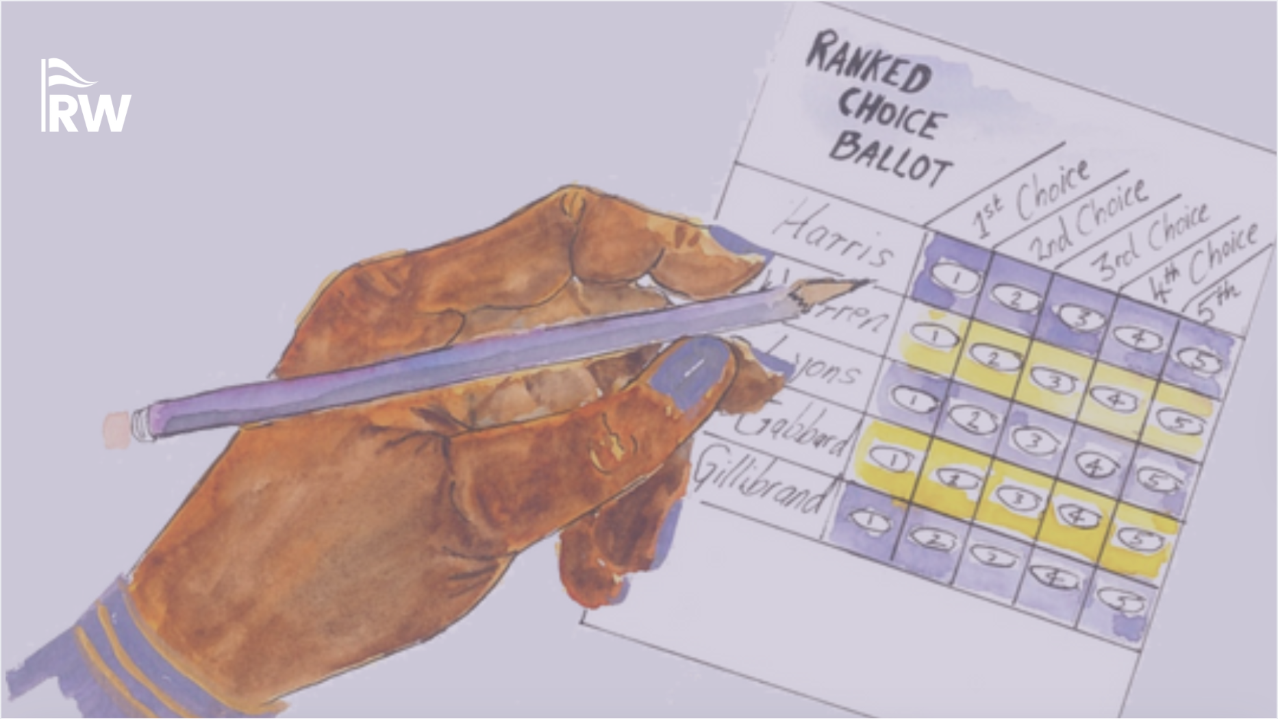 Illustrated hand filling out a ranked-choice ballot listing five candidates — Harris, Warren, Lyons, Gabbard, and Gillibrand — with choices ranked 1st through 5th.
