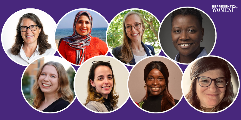 Collage of eight diverse women's headshots arranged in circles on a purple background, with the RepresentWomen logo in the upper right corner.