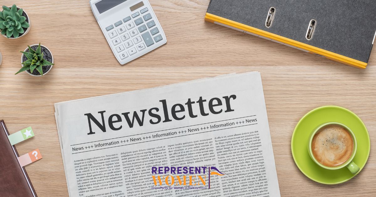 A newspaper folded open with the large headline "Newsletter" on a wooden desk surrounded by a calculator, coffee cup, binder, and small potted plants.