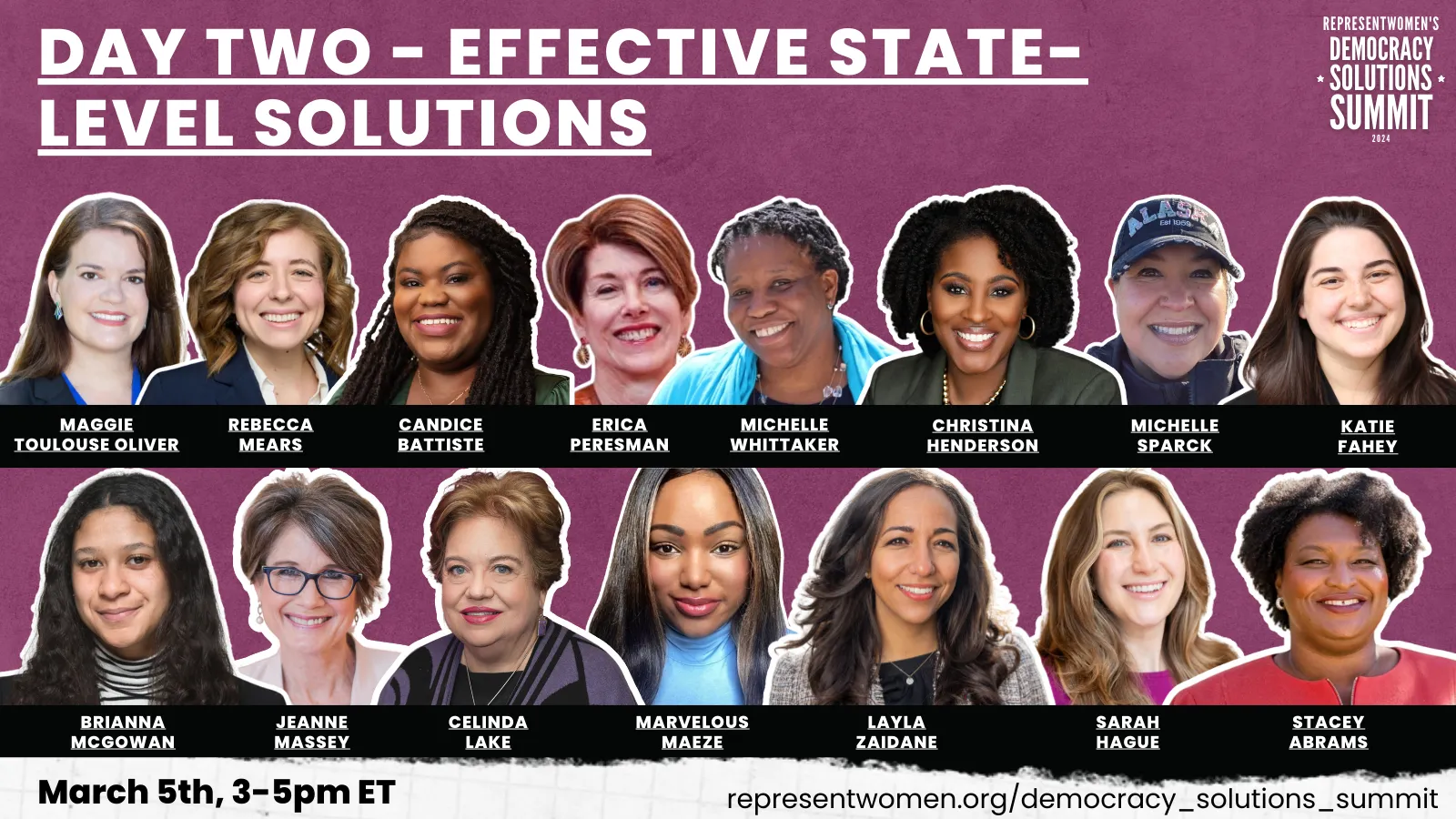 Headshots of 14 women speakers for Day Two Effective State-Level Solutions at Democracy Solutions Summit 2024.
