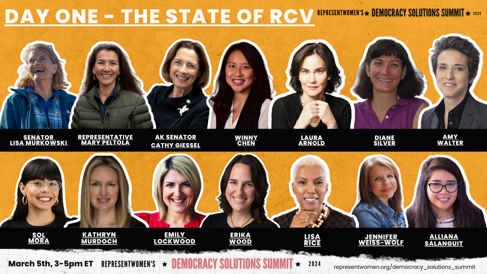 Speakers for Day One of Democracy Solutions Summit 2024 with photos and names listed on orange background.