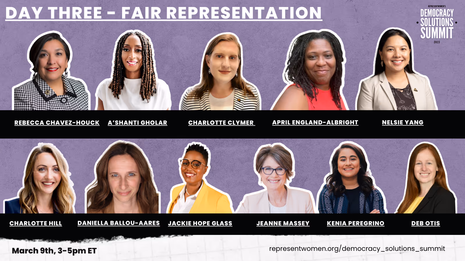 Portraits of ten women speakers for Day Three Fair Representation at Democracy Solutions Summit 2023.
