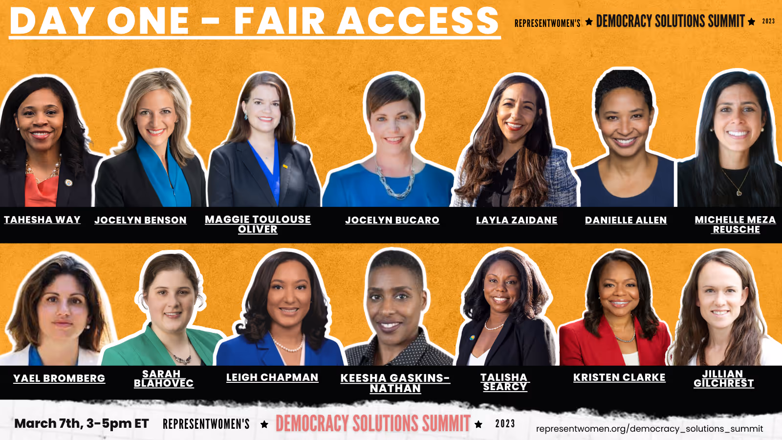 Portraits of 14 female speakers for Day One Fair Access at Democracy Solutions Summit 2023, with names below.
