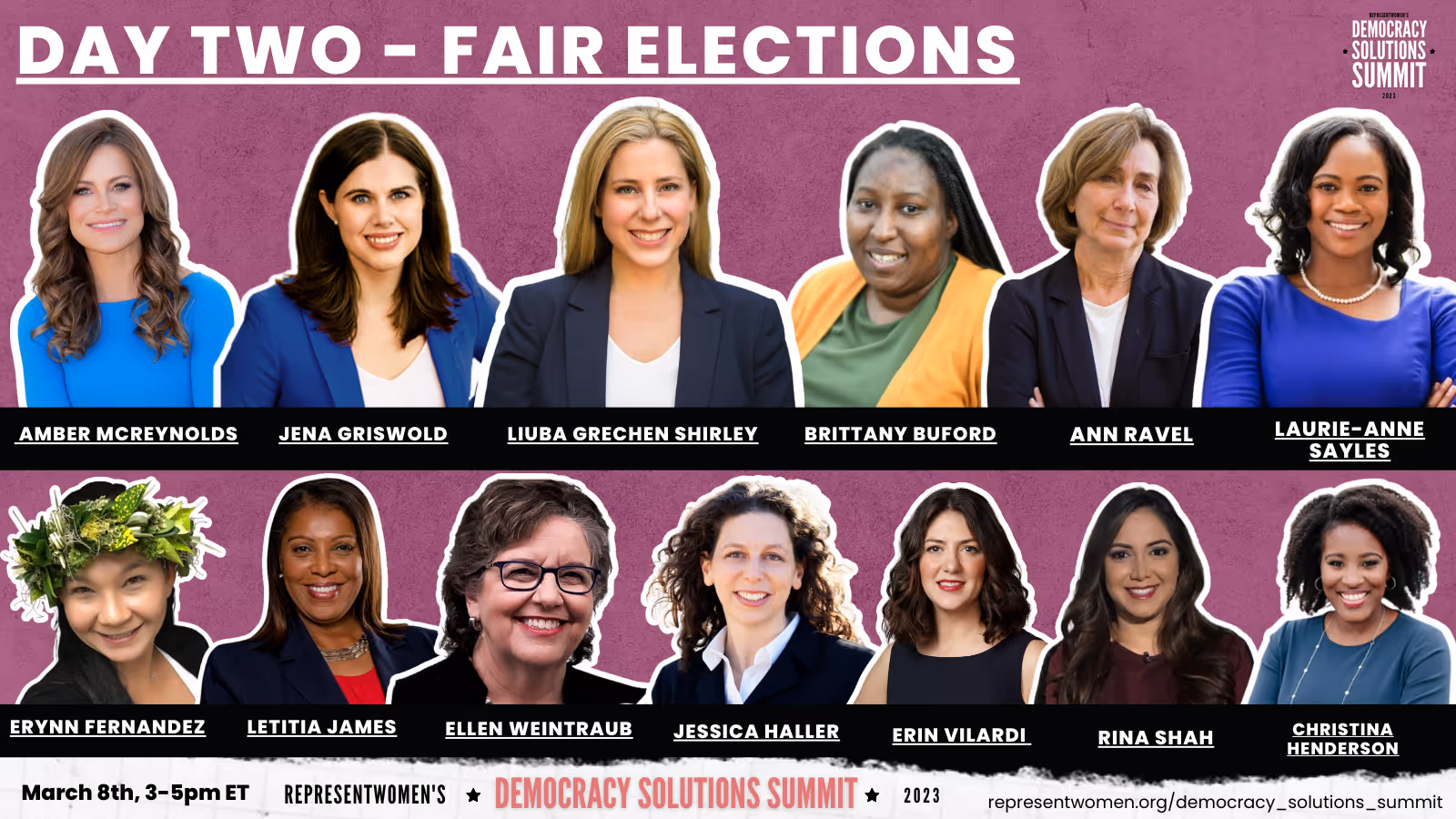 Photos of speakers for Day Two Fair Elections at Democracy Solutions Summit 2023, March 8, 3-5pm ET.