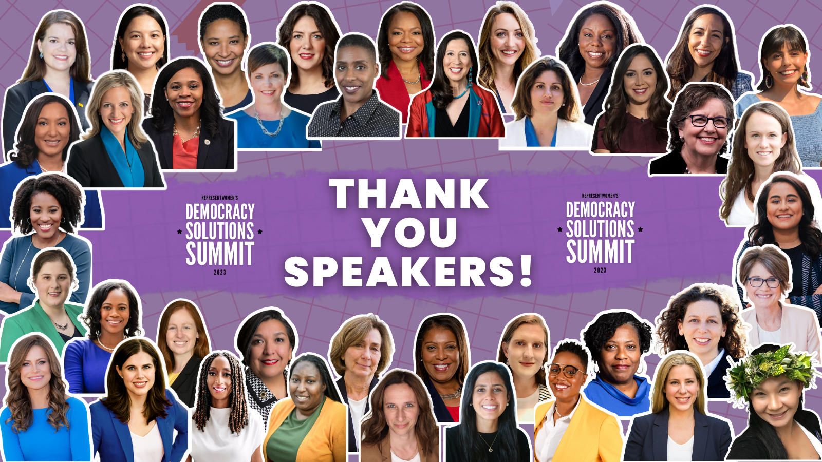 Collage of diverse women speakers with text: Thank you speakers! Democracy Solutions Summit 2023.