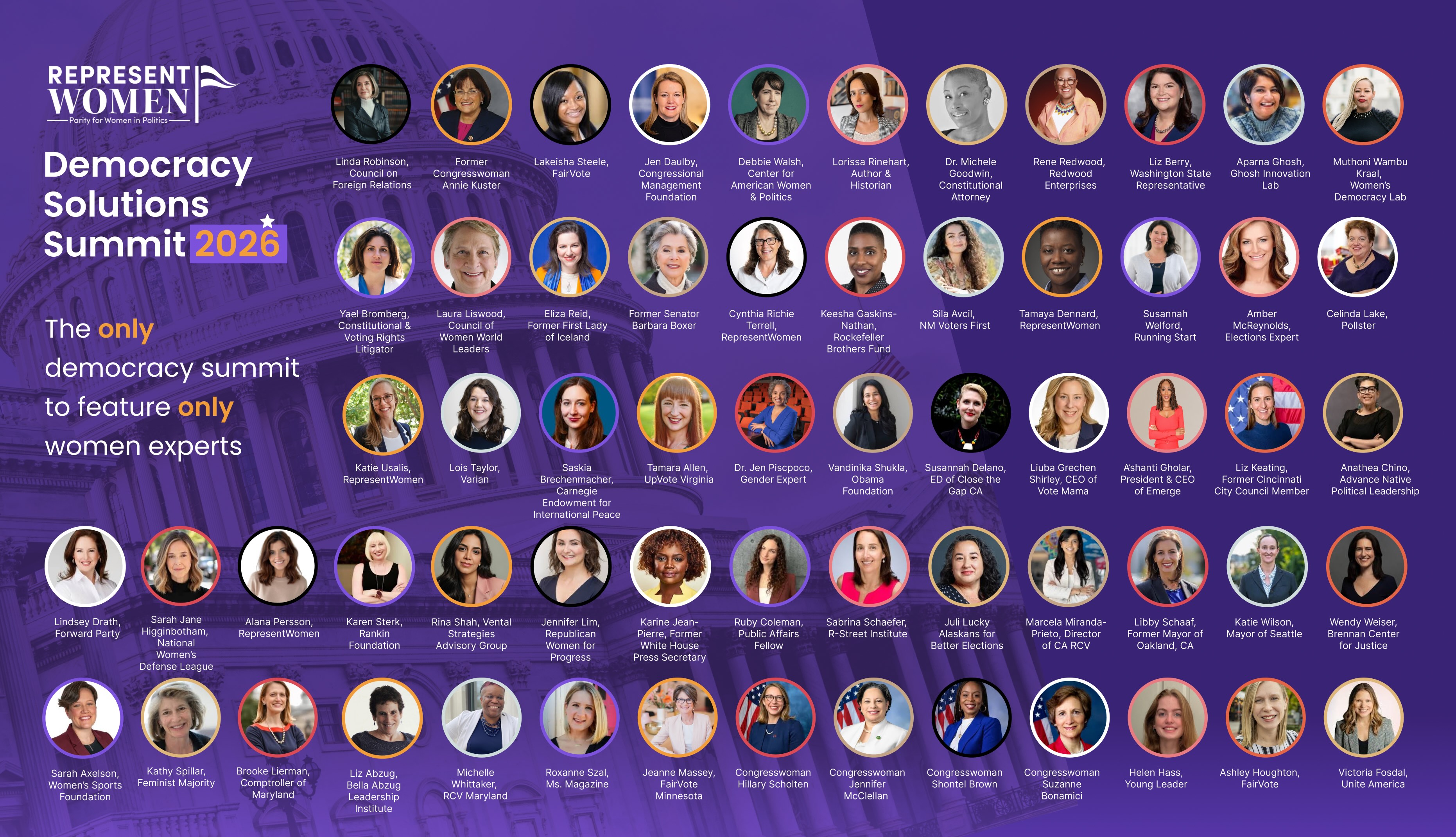 Speaker collage for RepresentWomen's 2026 Democracy Solutions Summit, the only democracy summit to feature only women experts.
