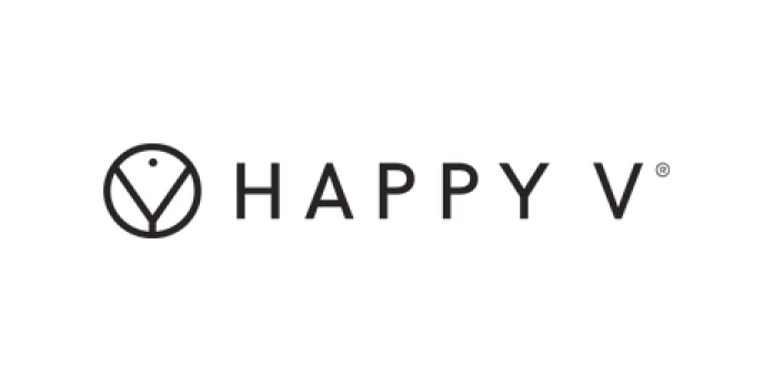 Happy V brand logo with a circular emblem containing a stylized 'V' and a dot above it, followed by the text 'HAPPY V'.