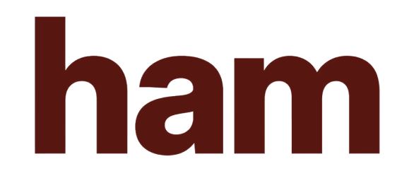 The word 'ham' in large, lowercase, bold, dark red letters on a transparent background.