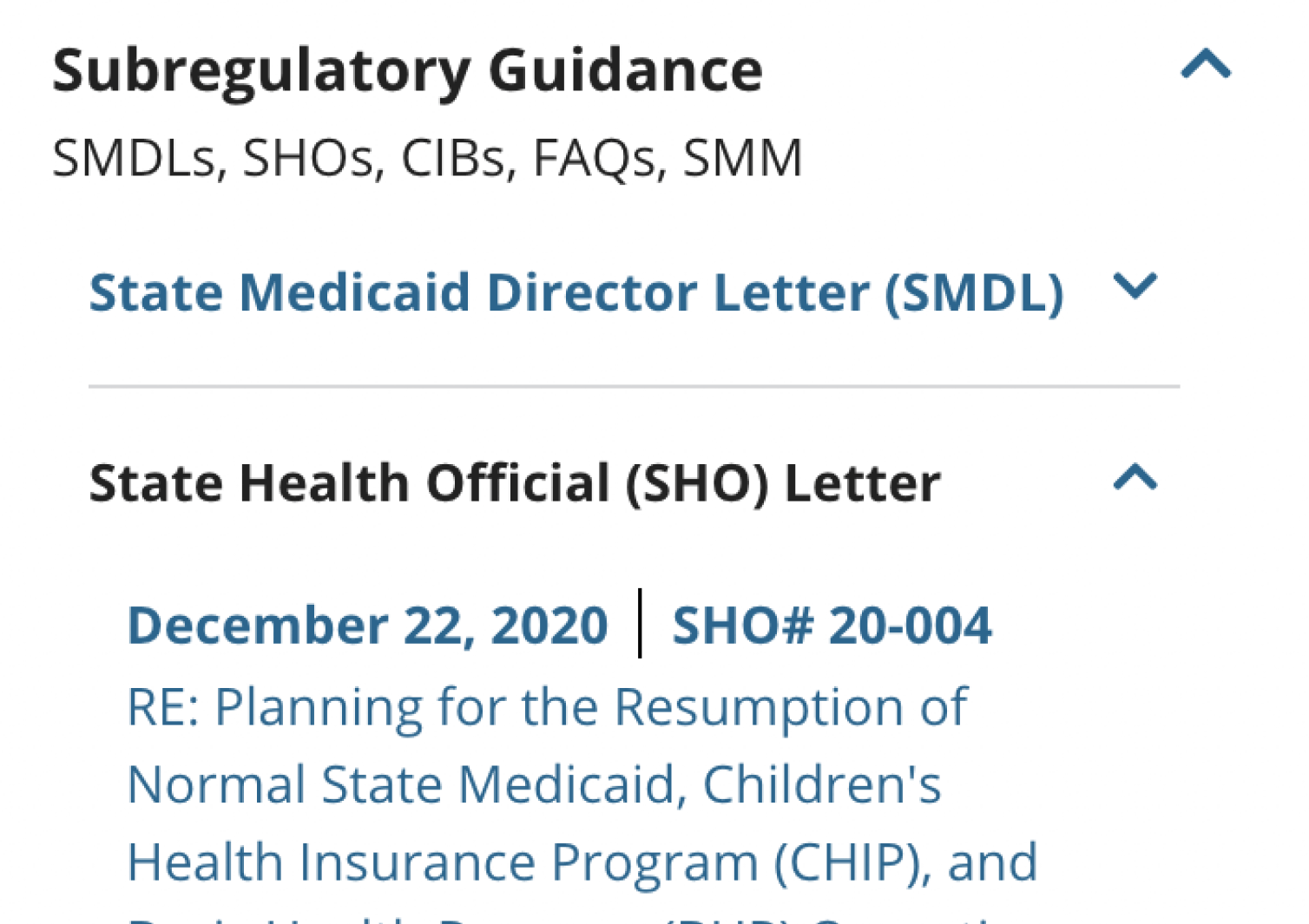 Screenshot of links to curated subregulatory guidance.