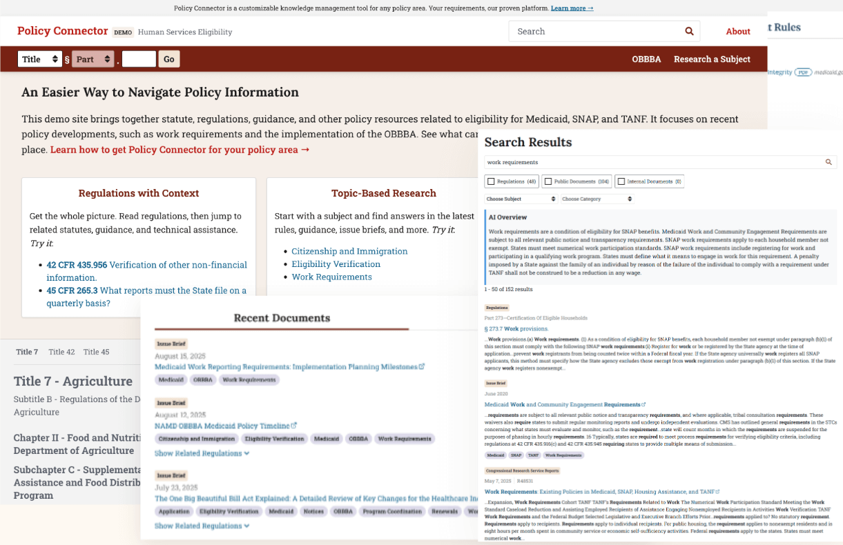 Policy Connector home page with the tagline, “An Easier Way to Navigate Policy Information.” It shows examples of Policy Connector’s topic-based search and AI search summaries.