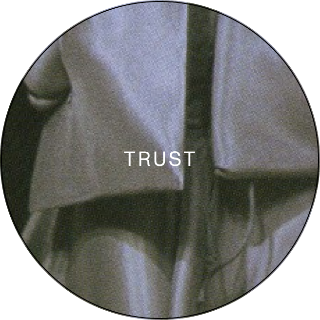 Close-up of a statue with the word TRUST overlaid in white text.