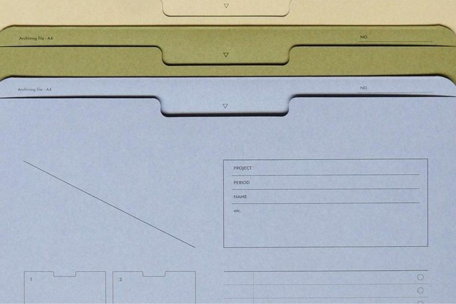 Three overlapping A4 archiving file folders in beige, olive green, and light blue with labeled sections for project details.