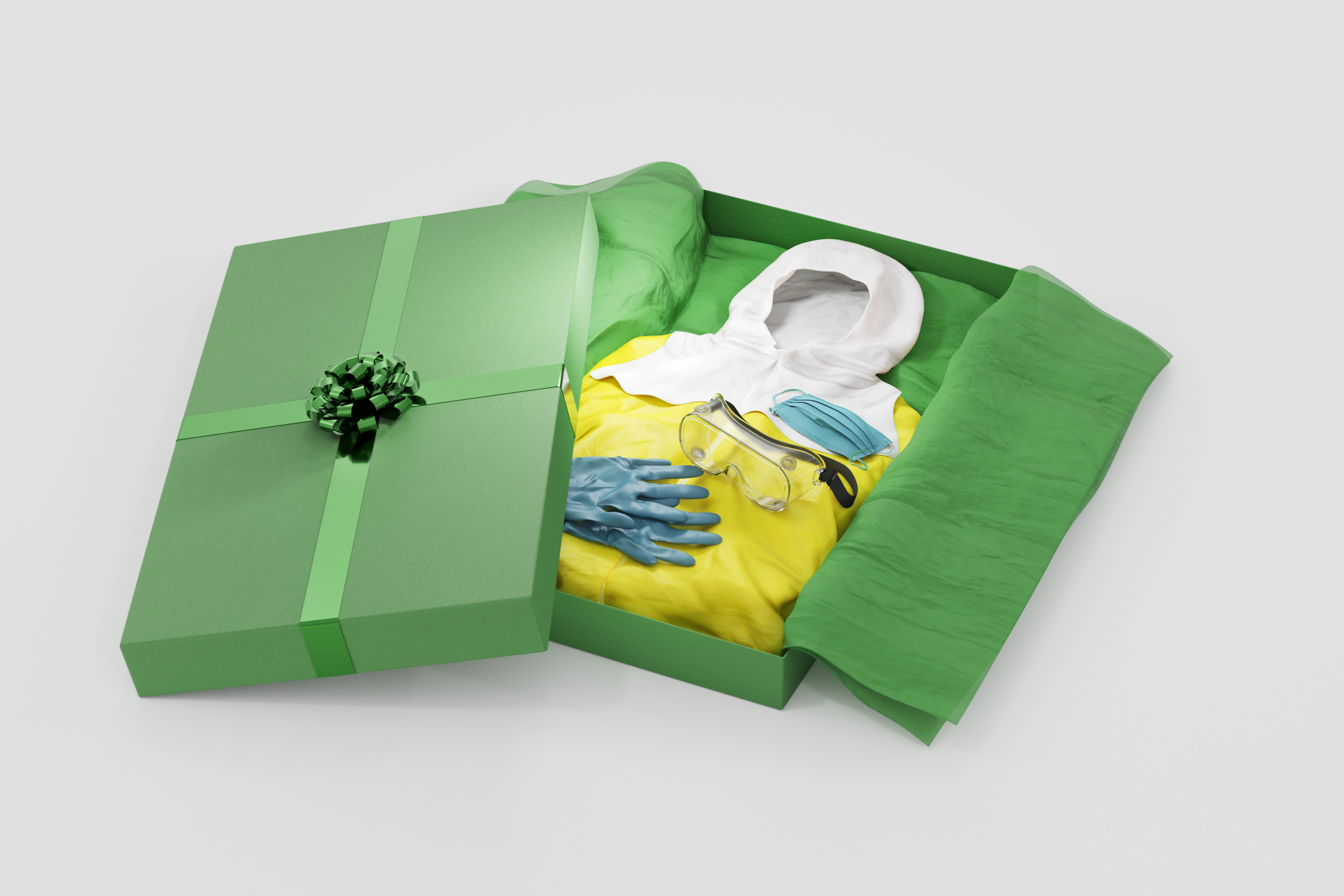 Protective medical equipment presented inside red gift box, Doctors Without Borders campaign.