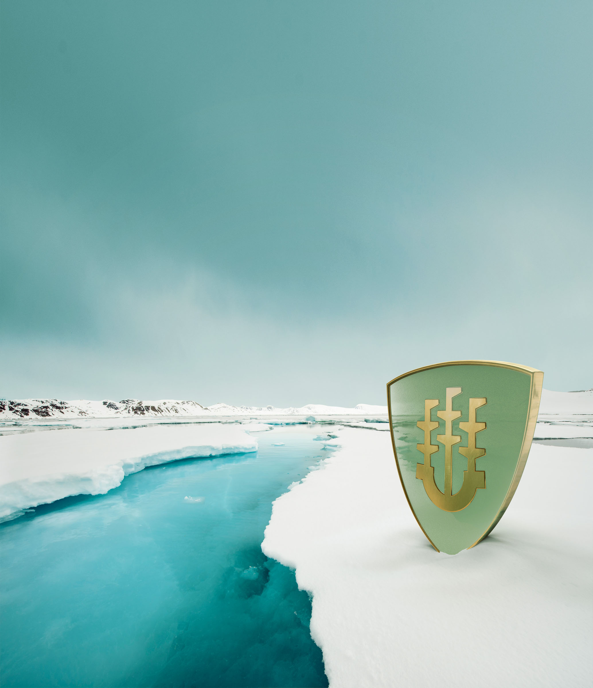 Shield emblem standing on arctic ice beside turquoise water, Sentry Investments campaign