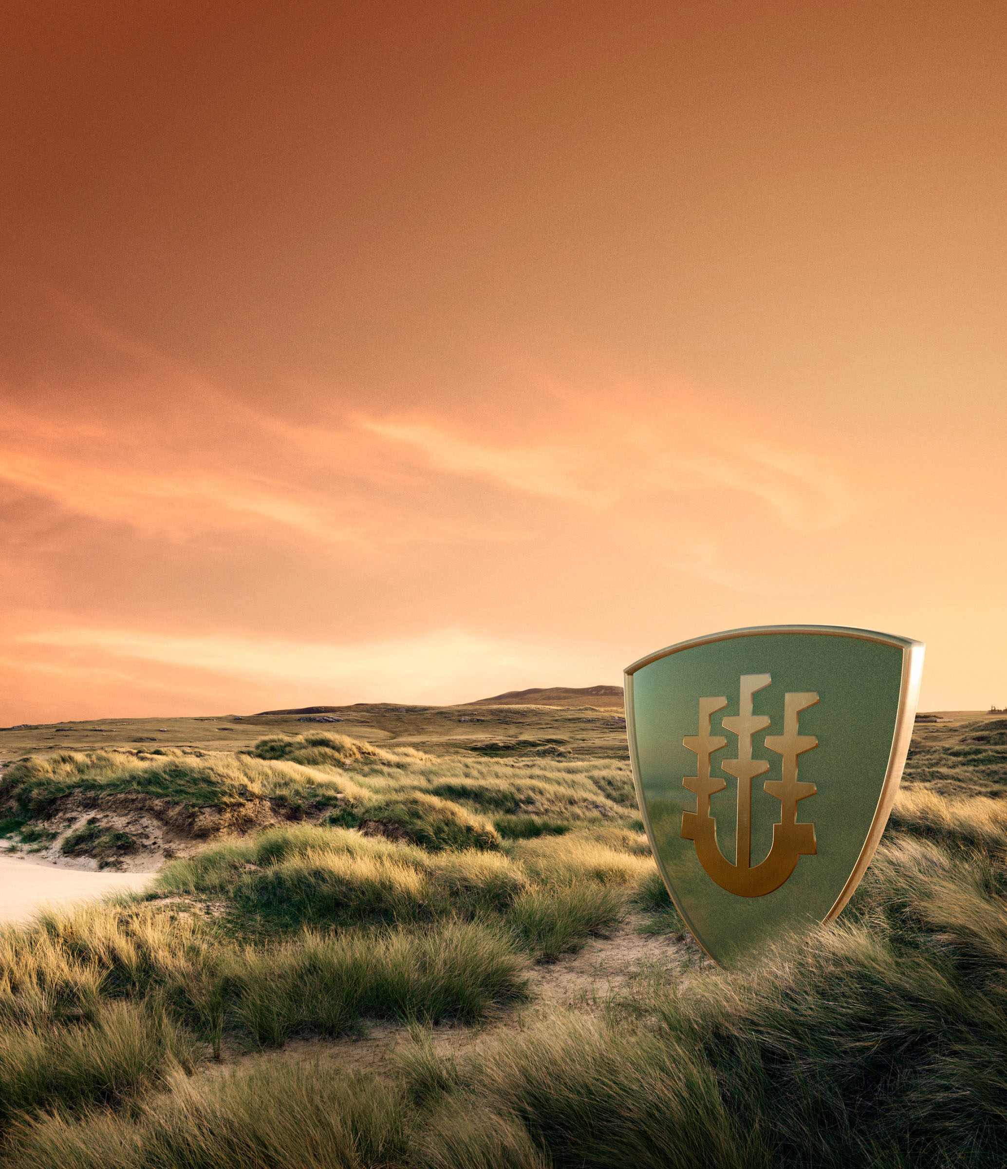 Shield emblem standing in windswept grass dunes at sunset, Sentry Investments campaign