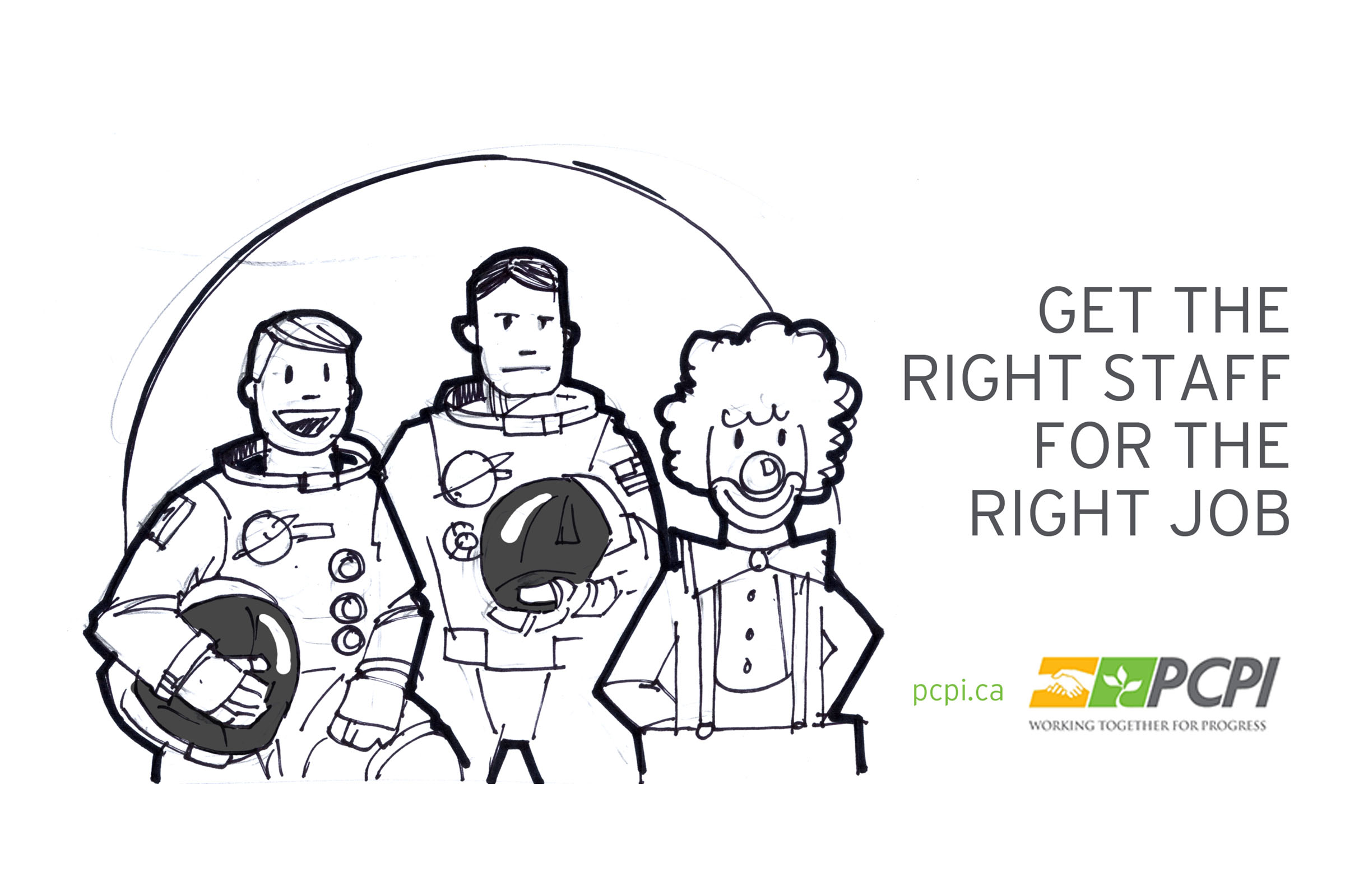 Concept sketch showing astronauts and clown characters for PCPI campaign idea.