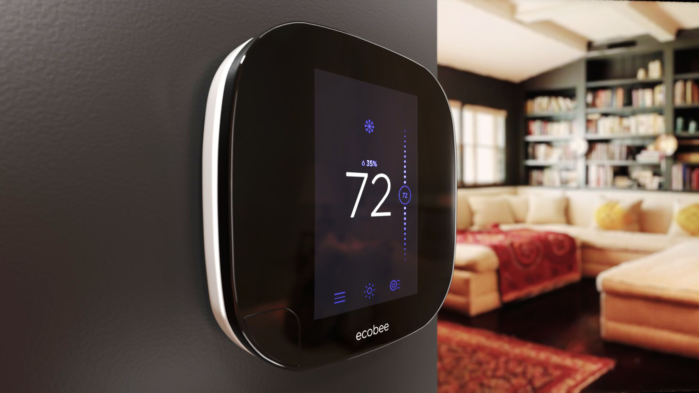 Ecobee smart thermostat mounted on wall in warm residential interior, product advertising image.