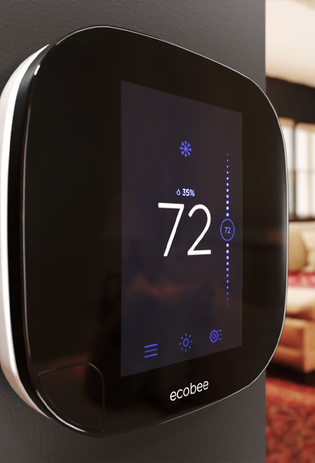 Ecobee smart thermostat interface displaying 72 degrees, product advertising image